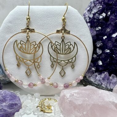 Kolczyki Kwiat Księżyca z Kwarcu Różowego i Turmalinu.